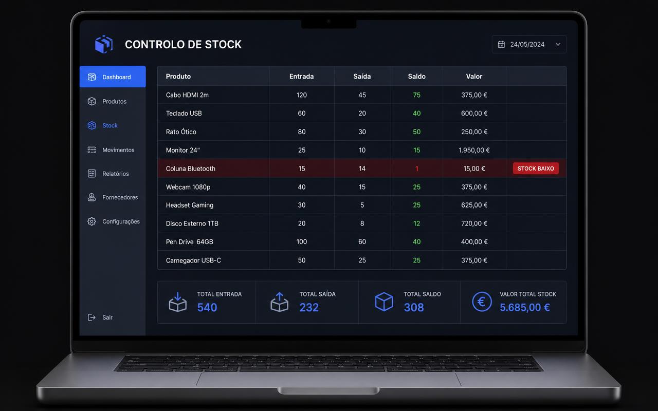 Planilha de controlo de stock aberta num computador portátil com totais e alerta de stock baixo